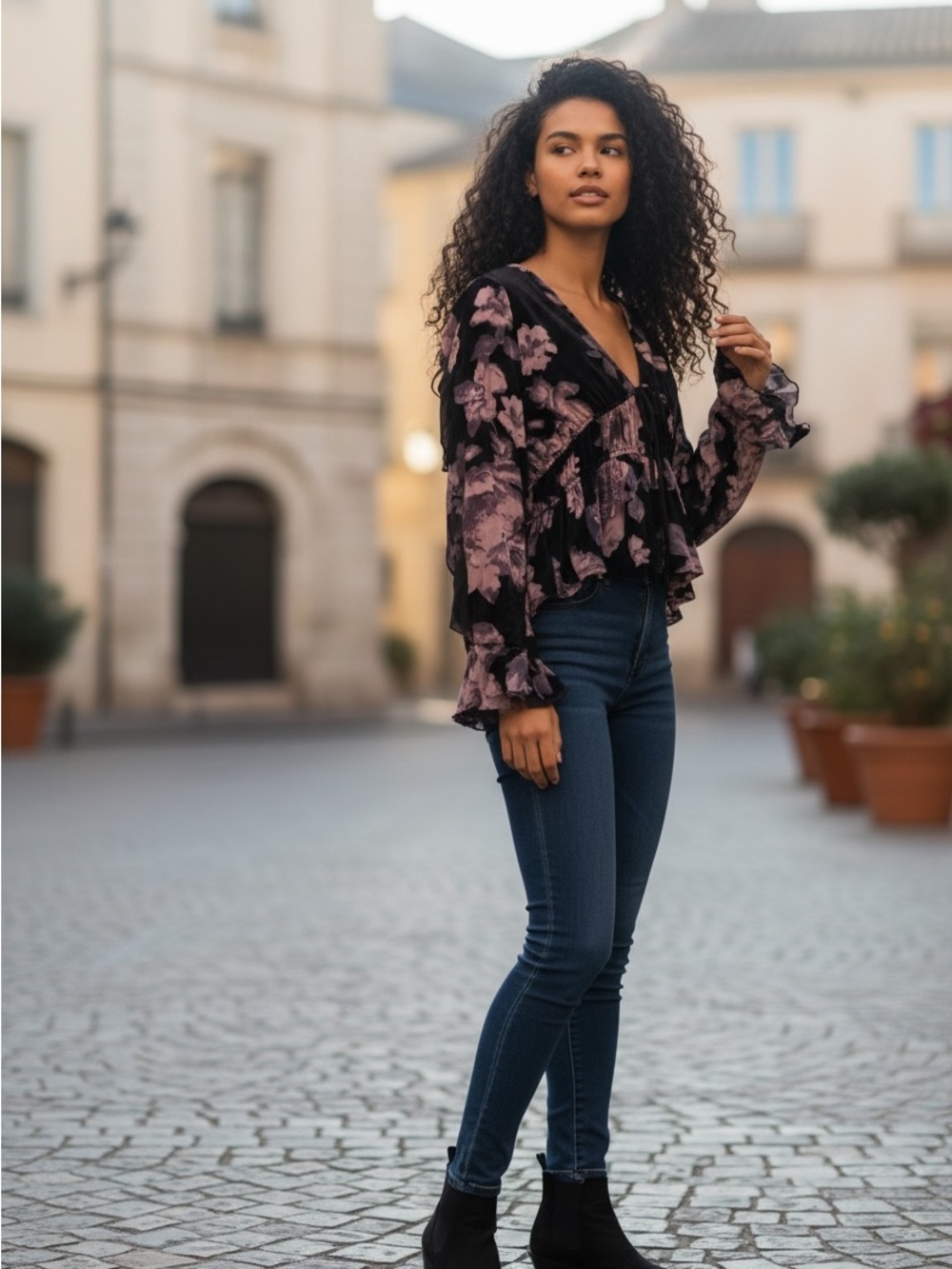 En Saison Pink Floral Velvet Tie-Front Blouse